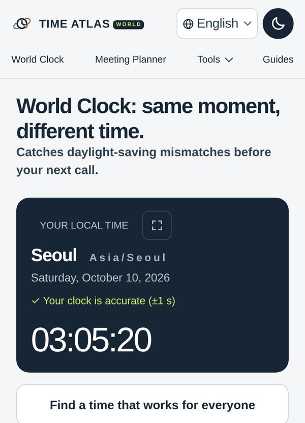 Time Atlas World on a phone after the fixes: a line about daylight saving under the headline and a planner button under the clock