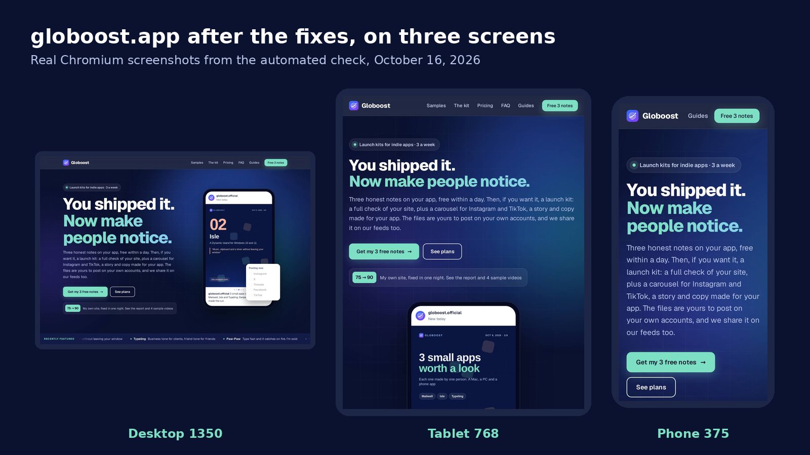 globoost.app after the fixes on desktop, tablet and phone: the headline and buttons show on the first screen on all three.